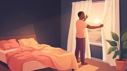 A man in his thirties in a peach t-shirt pulling open his bedroom curtains at sunrise, golden light pouring over an unmade bed, a simple first step in how to wake up early