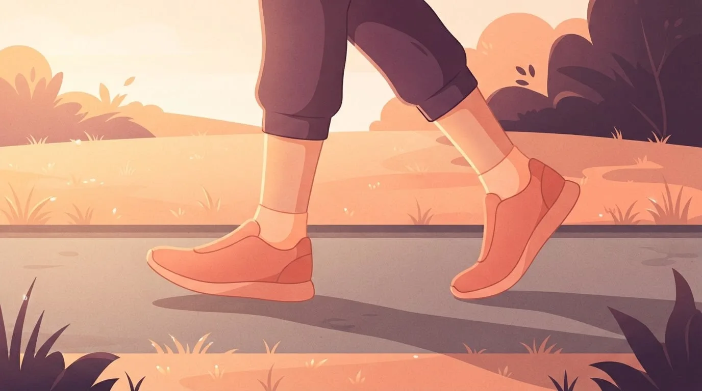 Close-up of a walker's lower legs and plain walking shoes on a park path at sunrise, the front foot landing near the heel while the back foot rises onto its toes to push off