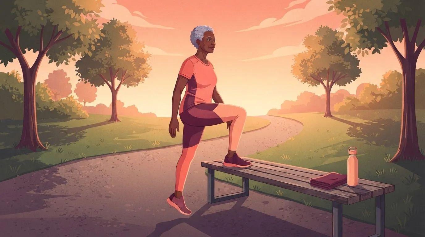 A woman in her sixties with short silver hair doing step-ups onto a low wooden park bench at sunrise, a water bottle and towel on the bench, building the leg strength that helps you walk faster