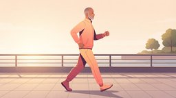 A bearded man in his fifties walking fast along a waterfront promenade at sunrise, elbows bent at about 90 degrees and arms swinging close to his sides, showing how to walk faster with a short, quick stride