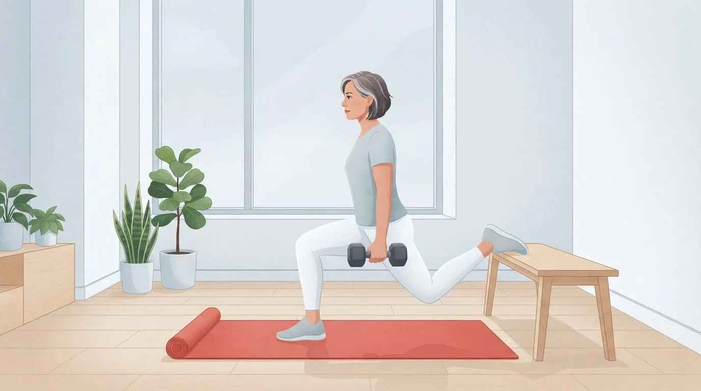 Eine Frau in ihren Vierzigern macht in einem hellen Wohnzimmer Bulgarian Split Squats, den hinteren Fuß auf einer Holzbank und eine Kurzhantel in der Hand, eine Übung aus einem Hypertrophie-Trainingsplan