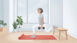 A woman in her forties doing a Bulgarian split squat in a bright living room, her back foot on a wooden bench and a dumbbell in her hand, an exercise from a hypertrophy workout plan