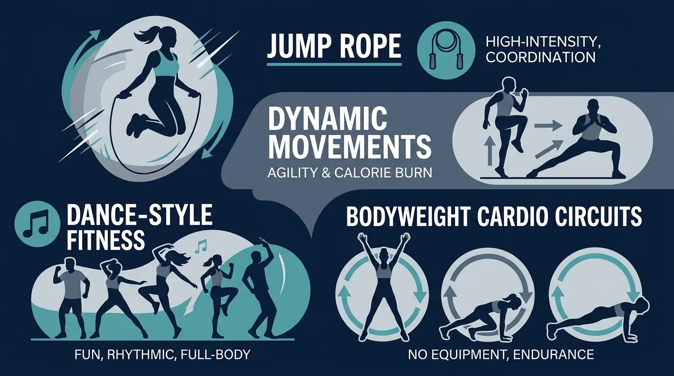 Indoor Cardio Exercise Options — visual guide for the Sample No-Equipment Home Cardio Week section