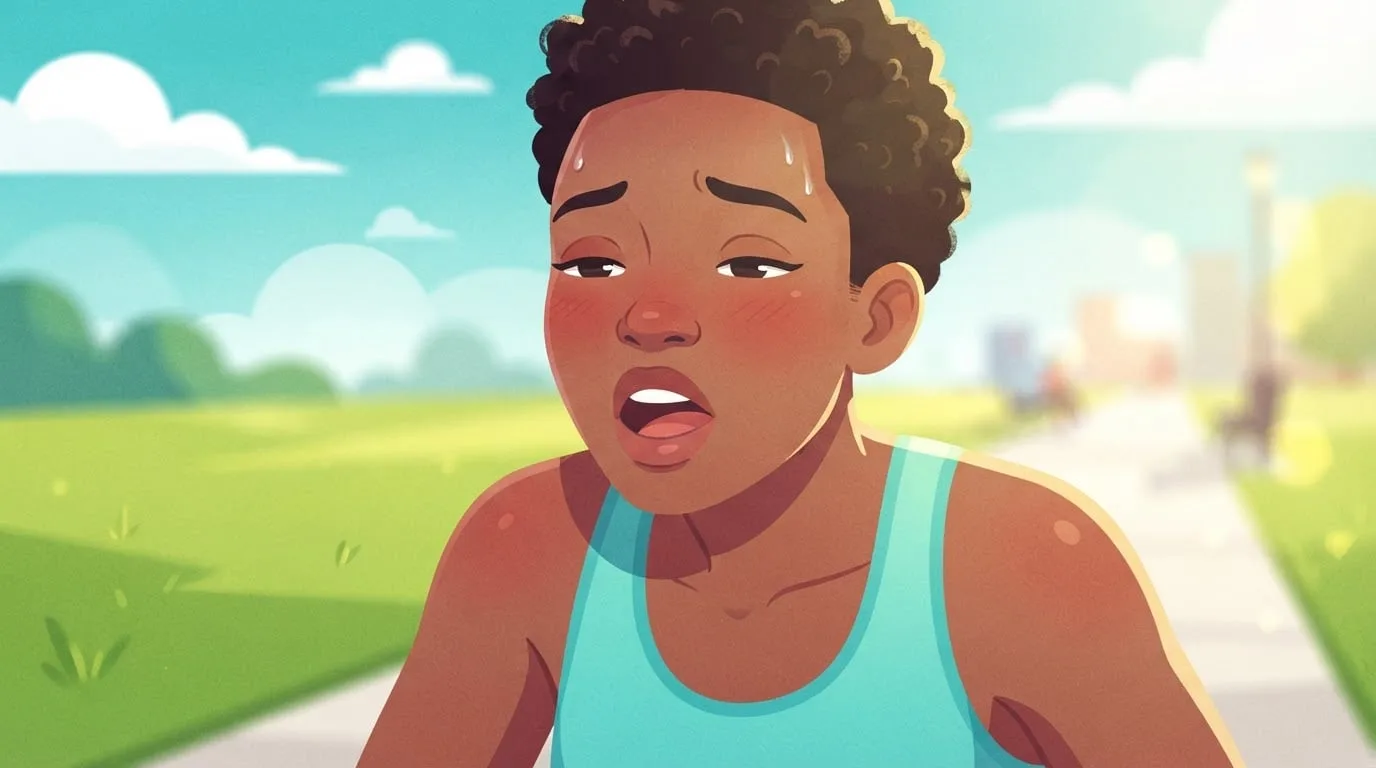 Close-up of a young Black woman in an aqua running top catching her breath between interval reps on a sunny park path, cheeks flushed and a little sweat on her forehead