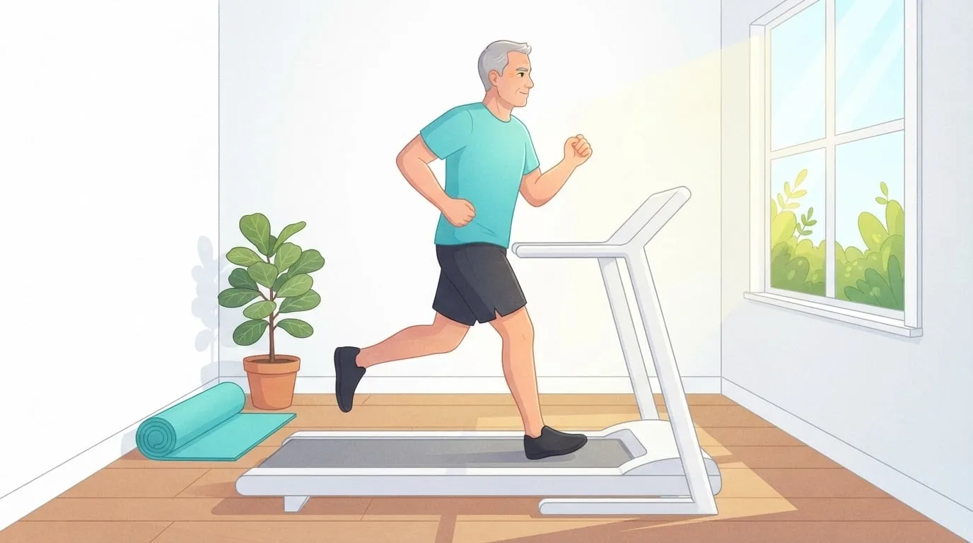 A grey-haired man in his fifties running a fast treadmill interval in a bright home gym, arms driving, beside a sunny window, a potted plant and a rolled turquoise mat