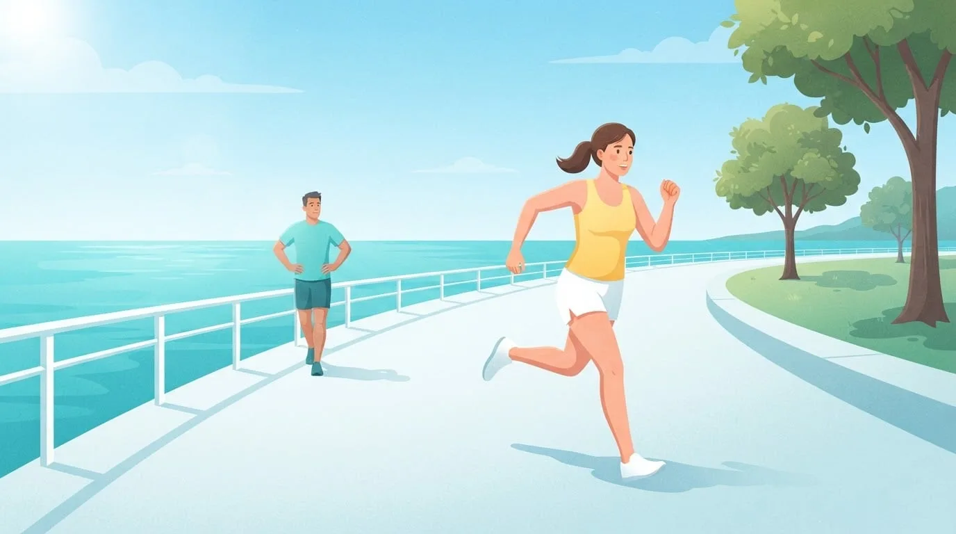 A woman in a yellow tank top running a fast interval along a sunny waterfront path while a man behind her walks with his hands on his hips during his recovery interval