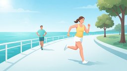 A woman in a yellow tank top running a fast interval along a sunny waterfront path while a man behind her walks with his hands on his hips during his recovery interval