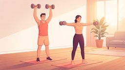 Side-by-side comparison of a compound and an isolation exercise in a sunlit living room: a man pressing two dumbbells overhead next to a woman doing a dumbbell lateral raise