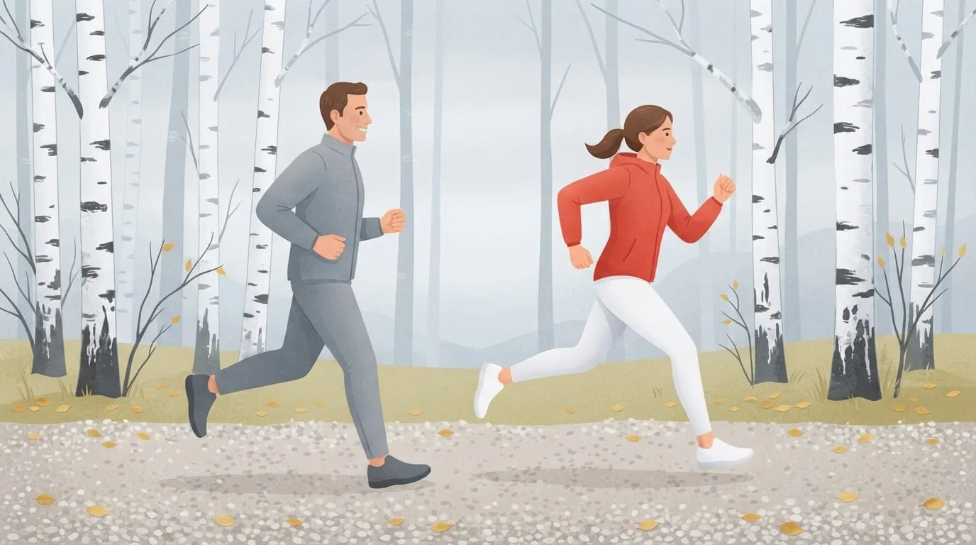 Trotar vs correr en un camino de grava por un bosque de abedules: un hombre vestido de gris trota a un ritmo suave mientras una mujer con chaqueta roja corre delante de él con una zancada más larga en una mañana nublada