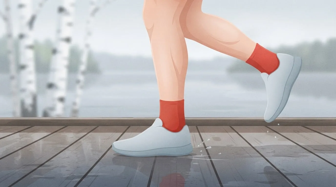 Primer plano de las piernas de un corredor con calcetines rojos y zapatillas grises lisas sobre un paseo de madera mojado junto a un lago, con el pie delantero aterrizando justo debajo de la rodilla mientras el pie trasero se impulsa