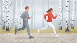Jogging vs running on a gravel path through a birch forest: a man in grey jogs at an easy pace while a woman in a red jacket runs ahead of him with a longer stride on an overcast morning
