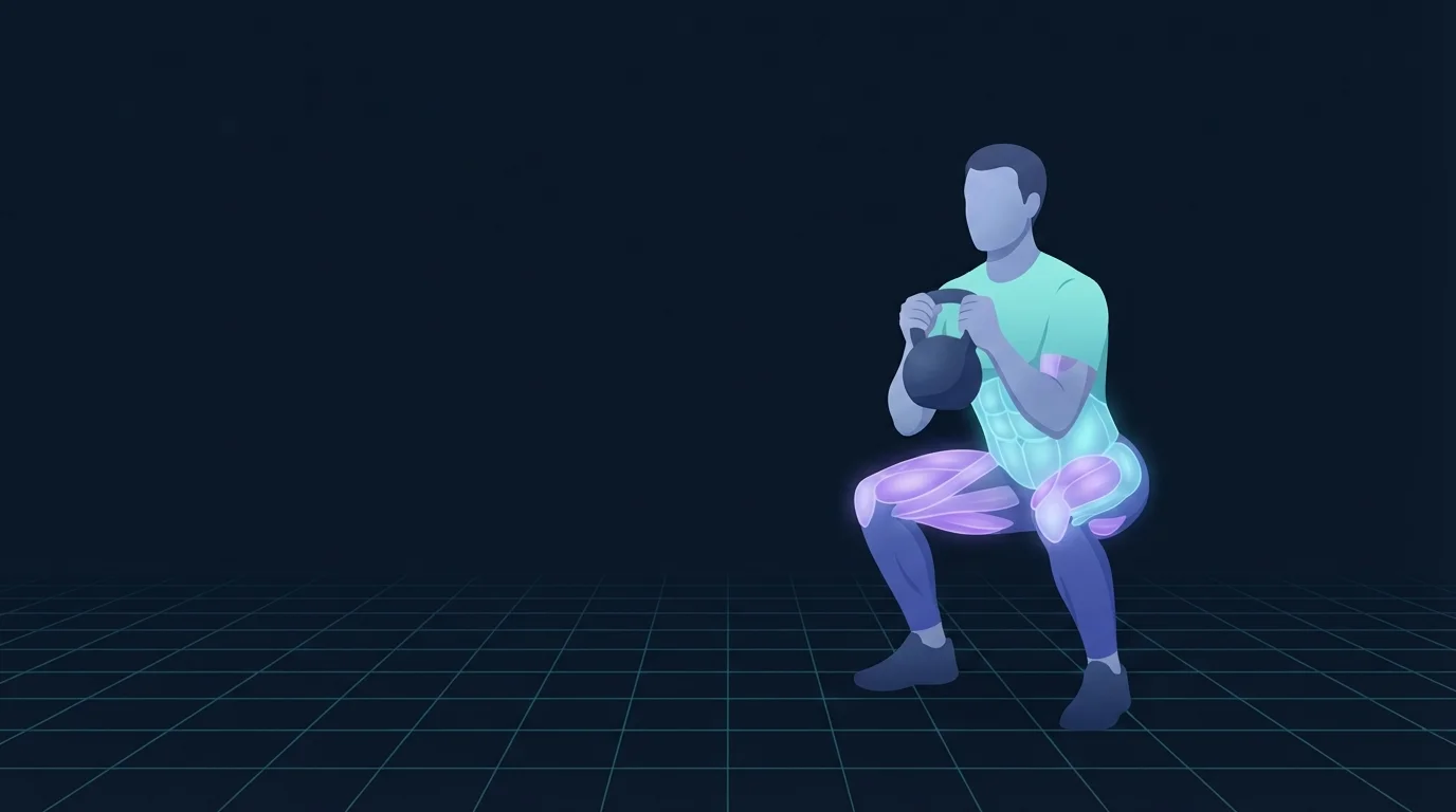 Eine Person am tiefsten Punkt eines tiefen Goblet Squats, hält eine einzelne Kettlebell verkehrt herum gegen die Brust, Ellbogen innerhalb der Knie, mit leuchtenden Oberschenkeln, Hüften und Rumpf
