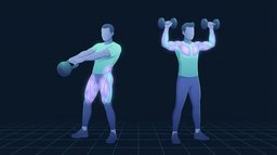 Two figures side by side, one driving a kettlebell forward from a hip hinge with the hips and thighs lit up, one pressing a dumbbell in each hand overhead with the chest, shoulders and arms lit up