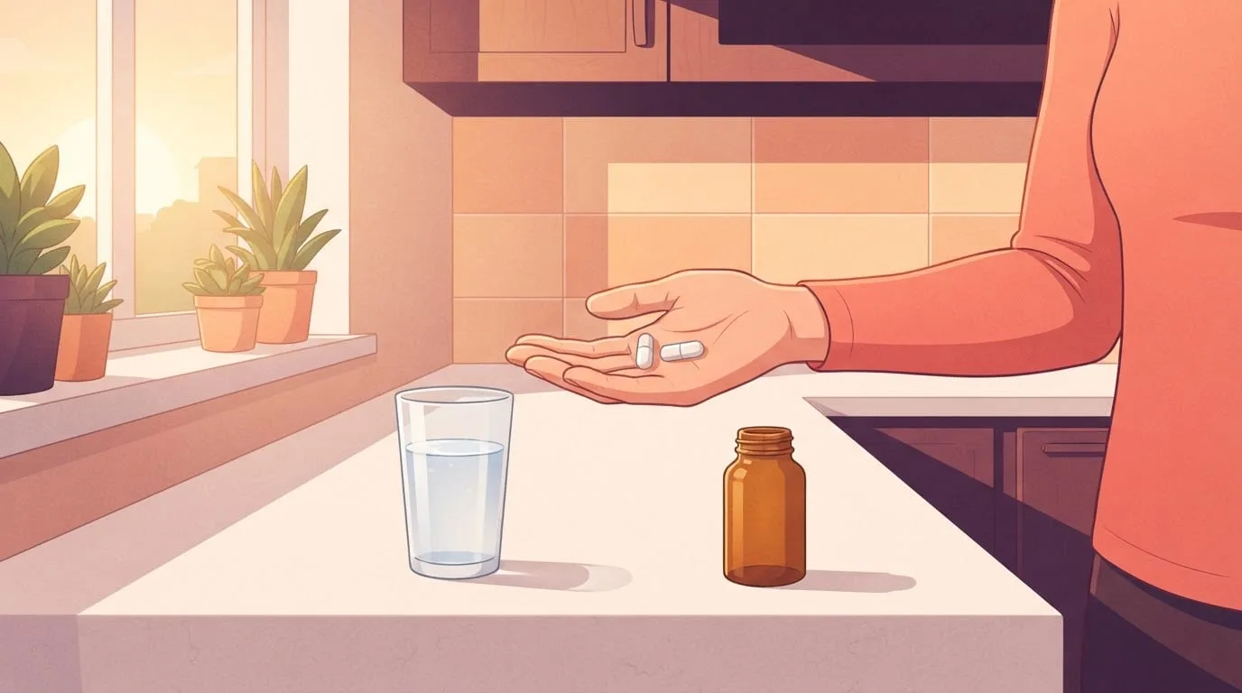 Eine Hand hält bei Sonnenaufgang zwei schlichte weiße L-Carnitin-Kapseln über einer Küchenarbeitsplatte, neben einem Glas Wasser und einer unbeschrifteten Supplementflasche aus Bernsteinglas