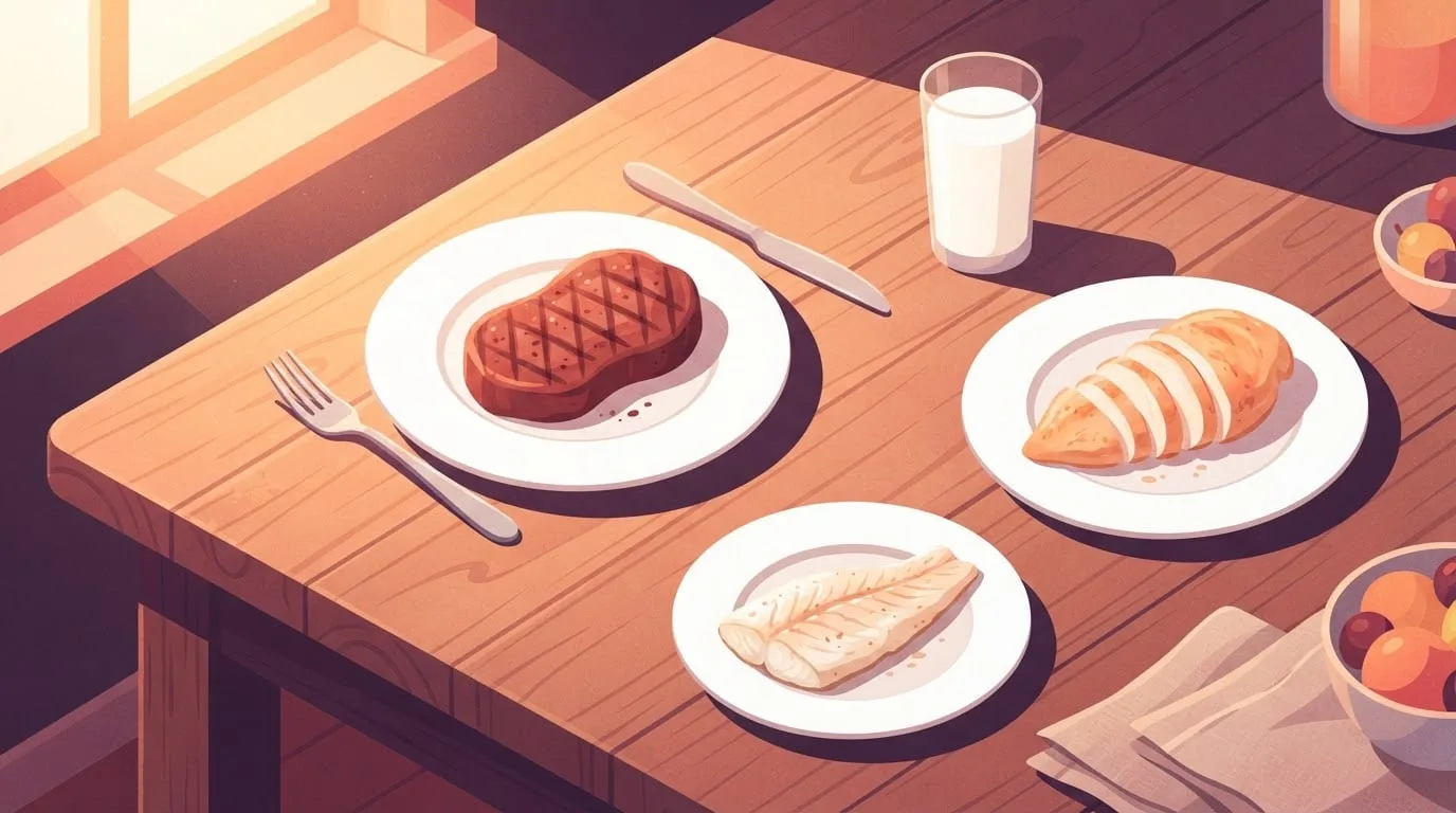 Ein Holztisch bei Sonnenaufgang, gedeckt mit gegrilltem Steak, geschnittener Hähnchenbrust, einem weißen Fischfilet und einem Glas Milch, den Lebensmitteln, die das meiste Carnitin in der Ernährung liefern
