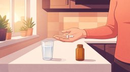 A hand holding two plain white L-carnitine capsules over a kitchen counter at sunrise, beside a glass of water and an unlabeled amber supplement bottle