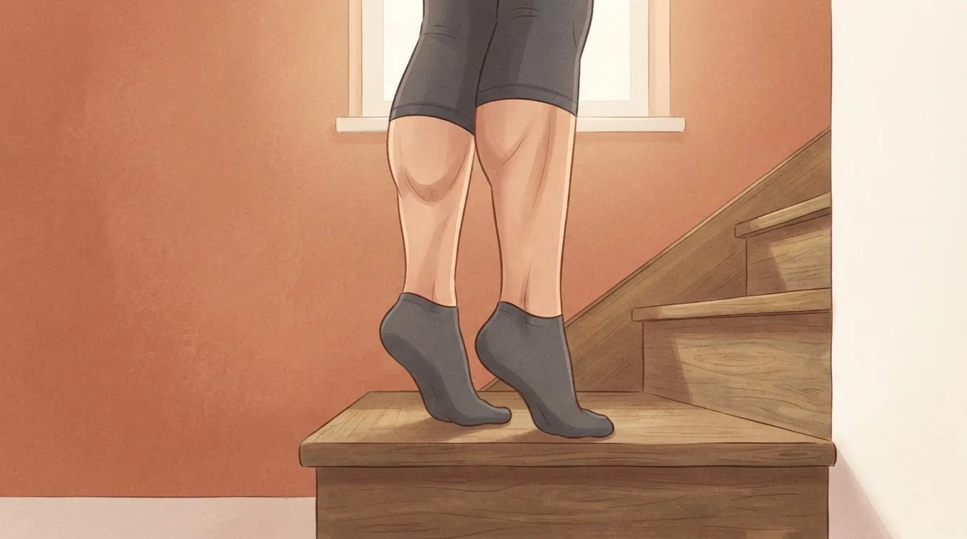 Close-up of a person's lower legs in charcoal socks rising onto the balls of both feet on a wooden stair, calf muscles flexed, a standing calf raise on leg day