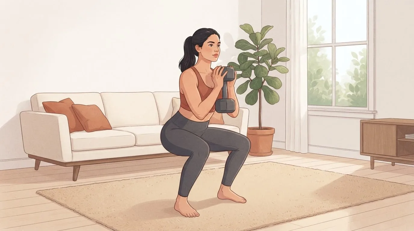 A woman squatting down on a rug in a bright living room, holding one dumbbell upright against her chest in a goblet squat, the first exercise of a leg day workout at home