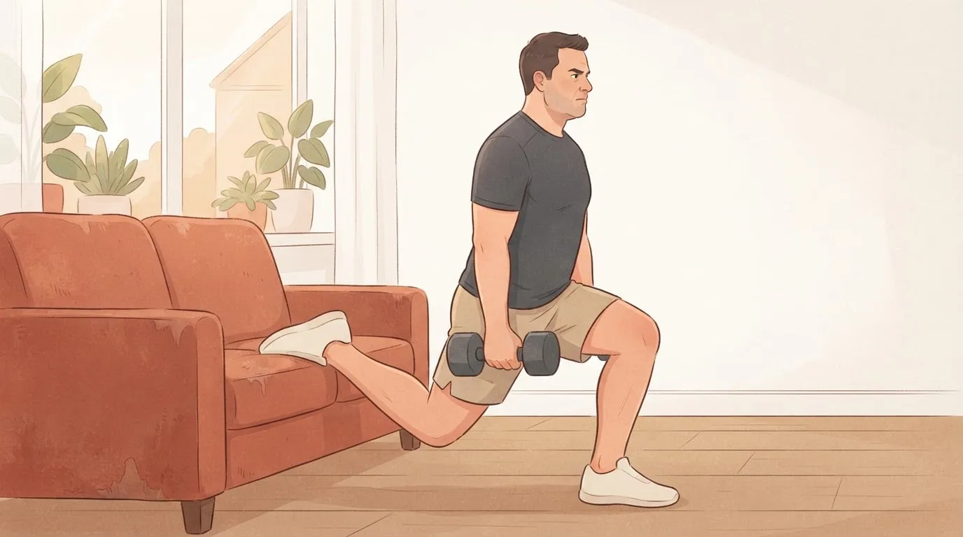 Side view of a man doing a rear-foot-elevated split squat in a living room, his back foot resting on a terracotta sofa and a dumbbell in each hand as he lowers on his front leg, a single-leg exercise on leg day