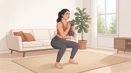 A woman squatting down on a rug in a bright living room, holding one dumbbell upright against her chest in a goblet squat, the first exercise of a leg day workout at home
