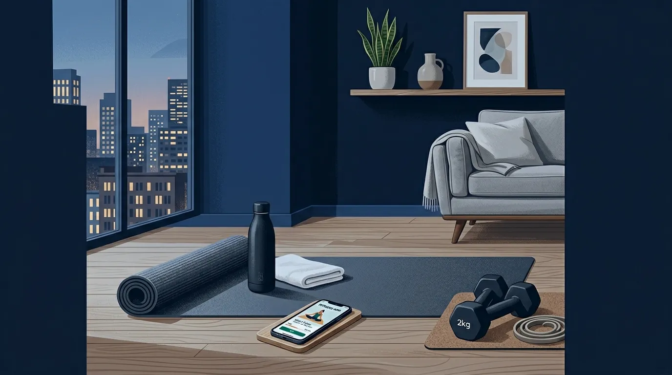 Living Room Workout Setup — visual guide for the Progressive Overload Without Weights: The Three Levers section