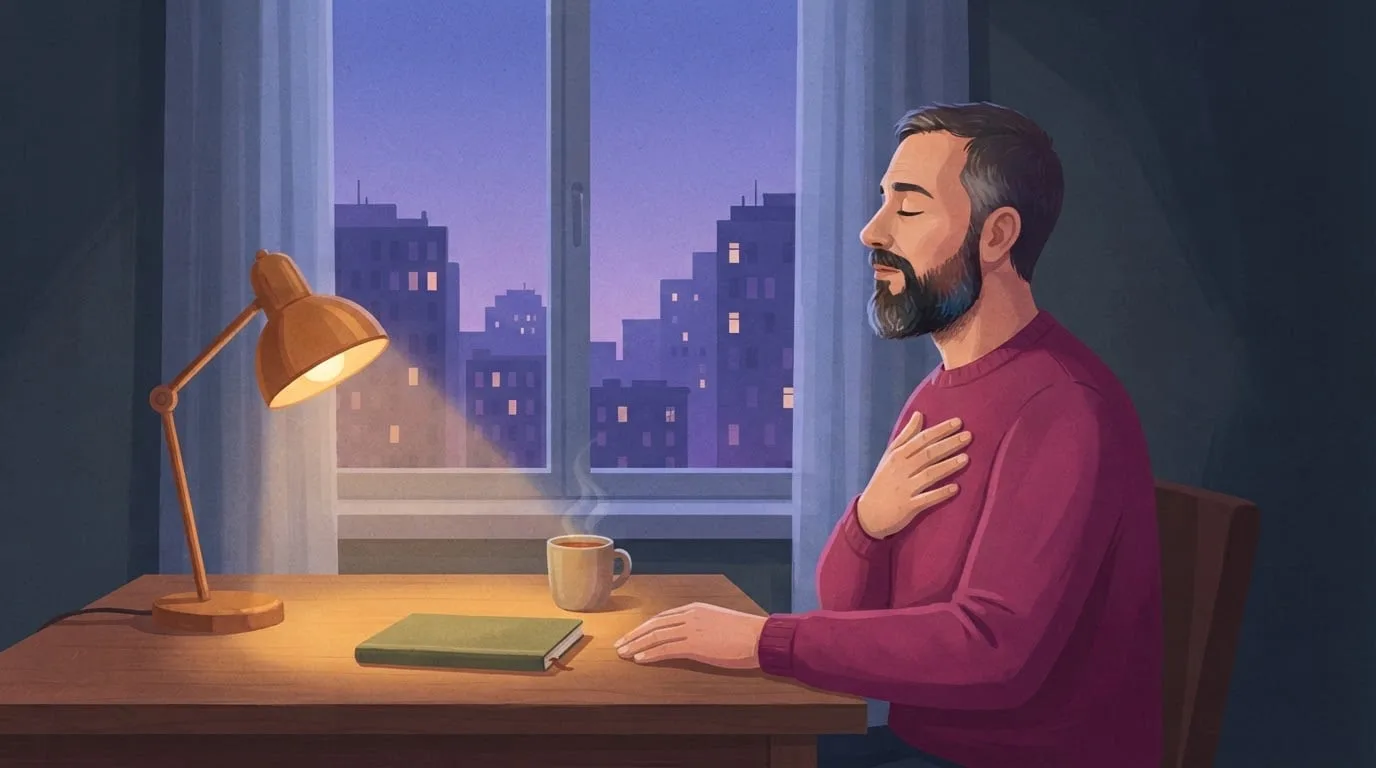 Ein bärtiger Mann im magentafarbenen Pullover sitzt in der Dämmerung an einem Schreibtisch vor einem Stadtfenster, mit geschlossenen Augen und einer Hand auf der Brust, atmet langsam neben einer Tasse Tee, als Illustration für Magnesiumglycinat und Stress