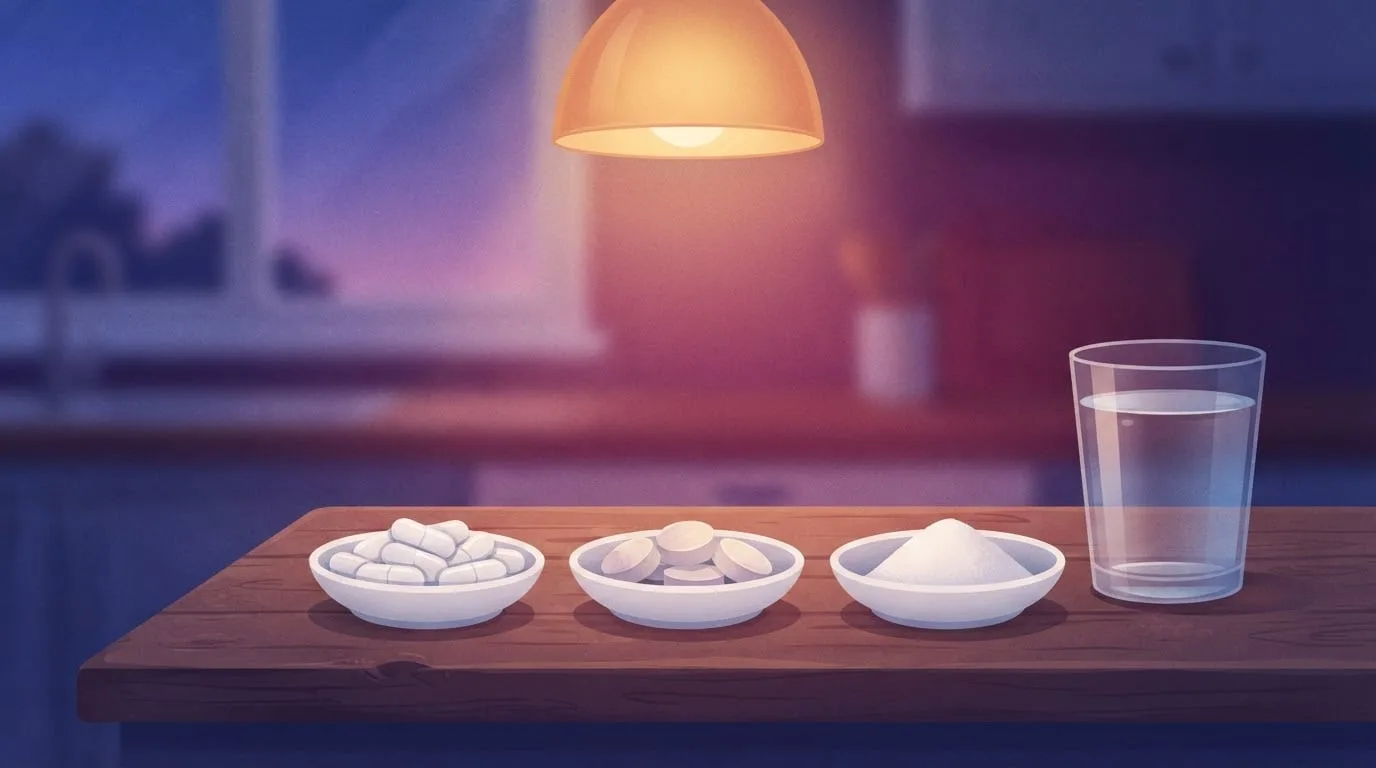 Drei kleine weiße Schalen auf einer Küchenarbeitsplatte aus Holz mit Kapseln, kreidigen Tabletten und einem weißen Pulver neben einem Glas Wasser, stellvertretend für Magnesiumglycinat-, Citrat- und Oxid-Supplements
