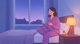 A woman in pink pajamas sitting on the edge of her bed at dusk with a glass of water and a capsule, taking magnesium glycinate for sleep, a small unlabeled bottle beside a warm bedside lamp