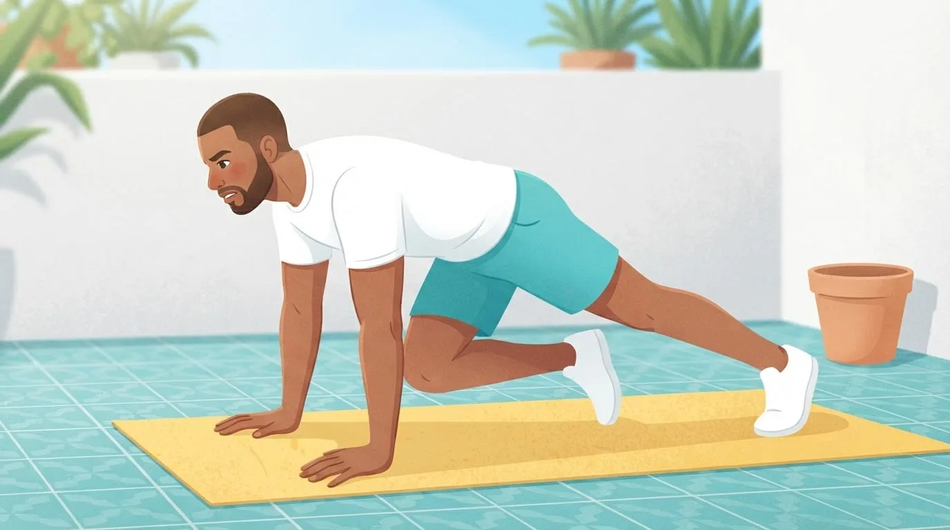 Un hombre con barba, camiseta blanca y pantalón corto turquesa hace mountain climbers sobre una esterilla amarilla en un patio soleado de baldosas, llevando una rodilla hacia el pecho durante un metcon con peso corporal