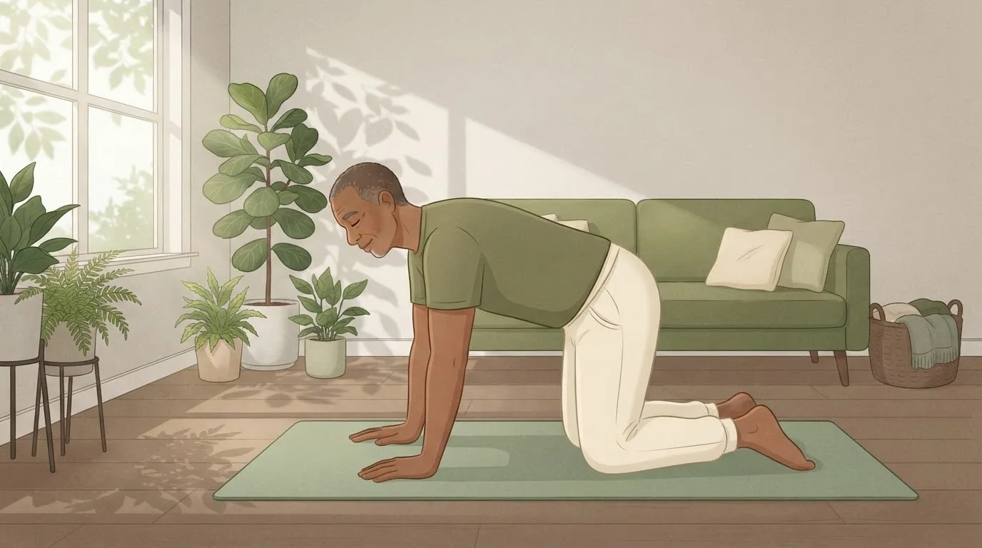 A man in his fifties on all fours on a mat in a sunlit living room, gently rounding his upper back in a cat-cow during his morning mobility routine, leaf shadows from a window falling across the floor