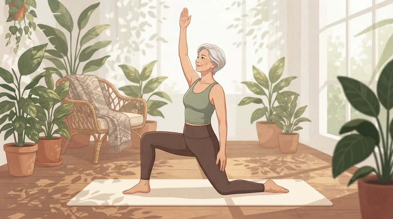 A woman in her sixties kneeling on one knee on a mat in a bright room with houseplants, reaching one arm overhead in a half-kneeling hip flexor stretch as part of a morning mobility routine