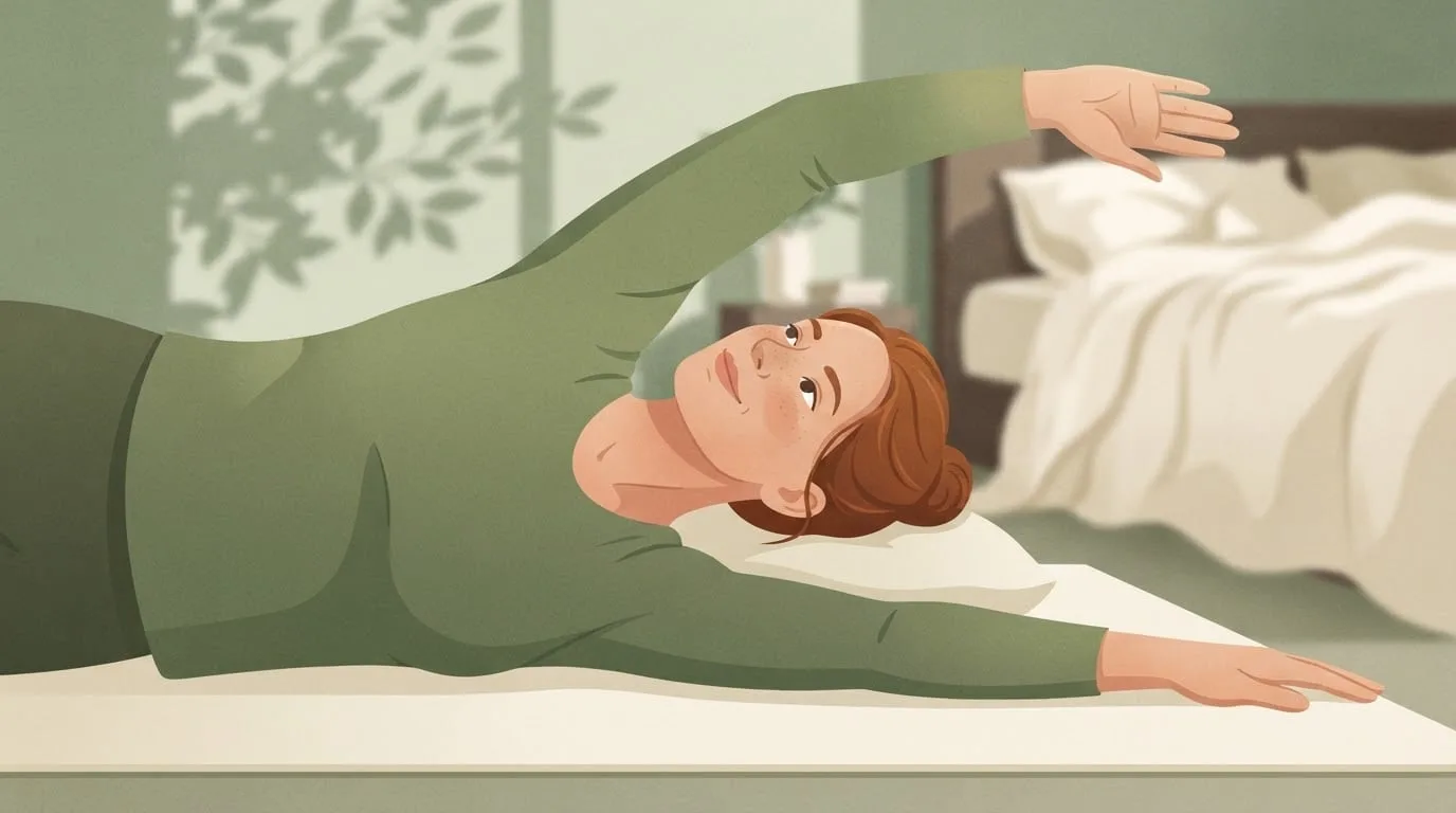 Close-up of a woman lying on her side on a mat beside her bed, her lower arm straight out on the mat and her top arm sweeping open overhead in a side-lying open book stretch in soft morning light