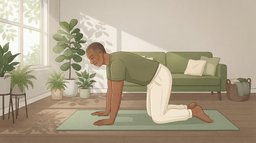 A man in his fifties on all fours on a mat in a sunlit living room, gently rounding his upper back in a cat-cow during his morning mobility routine, leaf shadows from a window falling across the floor