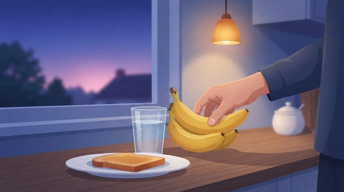 Close-up of a hand picking up a banana from a kitchen counter before sunrise, next to a glass of water and a slice of toast on a white plate, a small pre-workout snack before an early morning workout