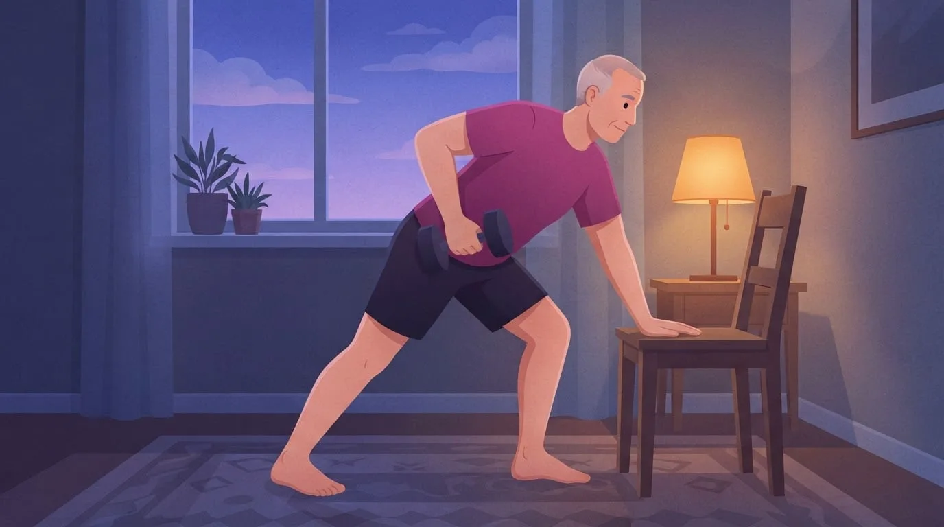 A man in his fifties in a magenta T-shirt doing a one-arm dumbbell row at dawn, one hand on a wooden chair seat and feet in a staggered stance, a warm lamp glowing beside a violet morning sky in the window