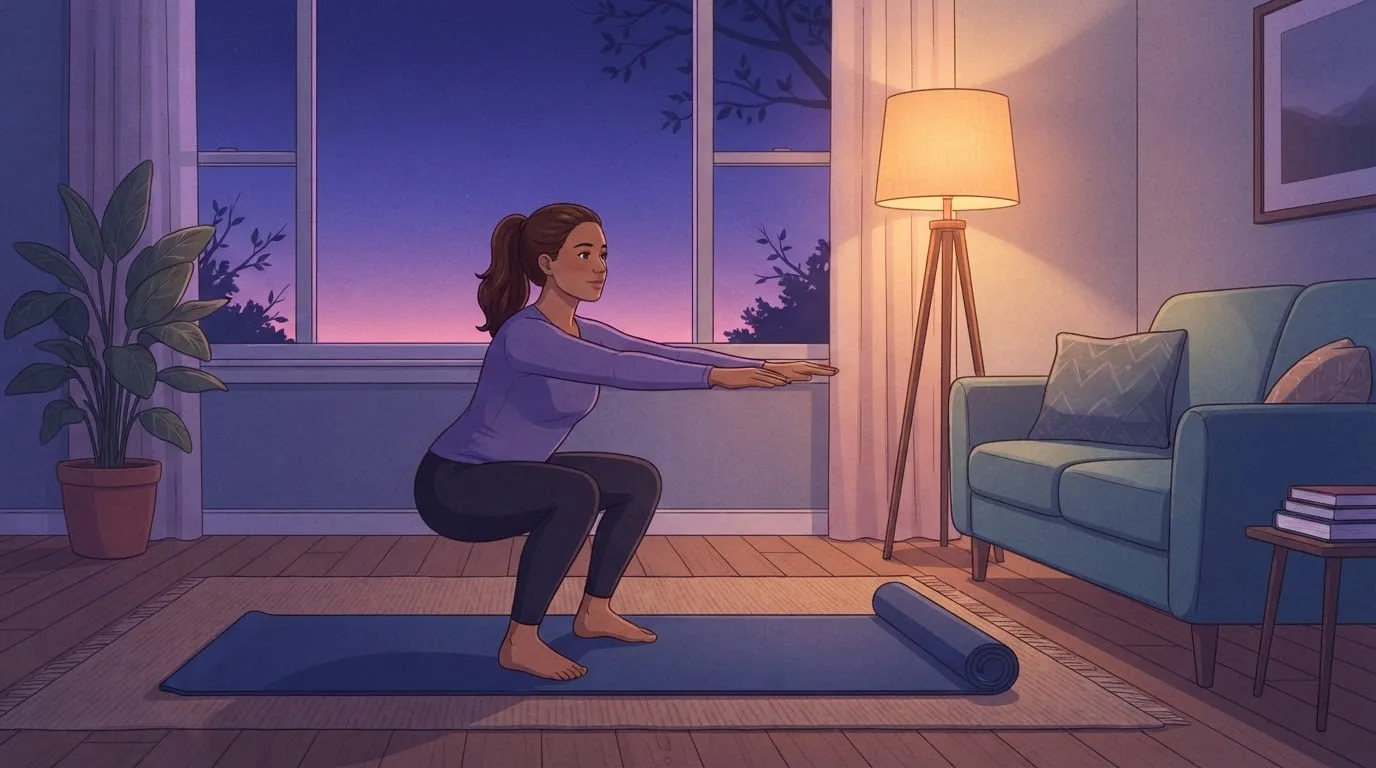 A woman in a violet top and dark leggings doing a bodyweight squat on an exercise mat in her living room before sunrise, arms reaching forward, a warm floor lamp lit and an indigo sky in the window, during her morning workout routine