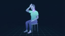 Eine Person sitzt aufrecht und drückt eine Handfläche gegen die eigene Stirn, während die Muskeln vorne und seitlich am Hals leuchten, hält eine isometrische Nackenflexions-Kontraktion