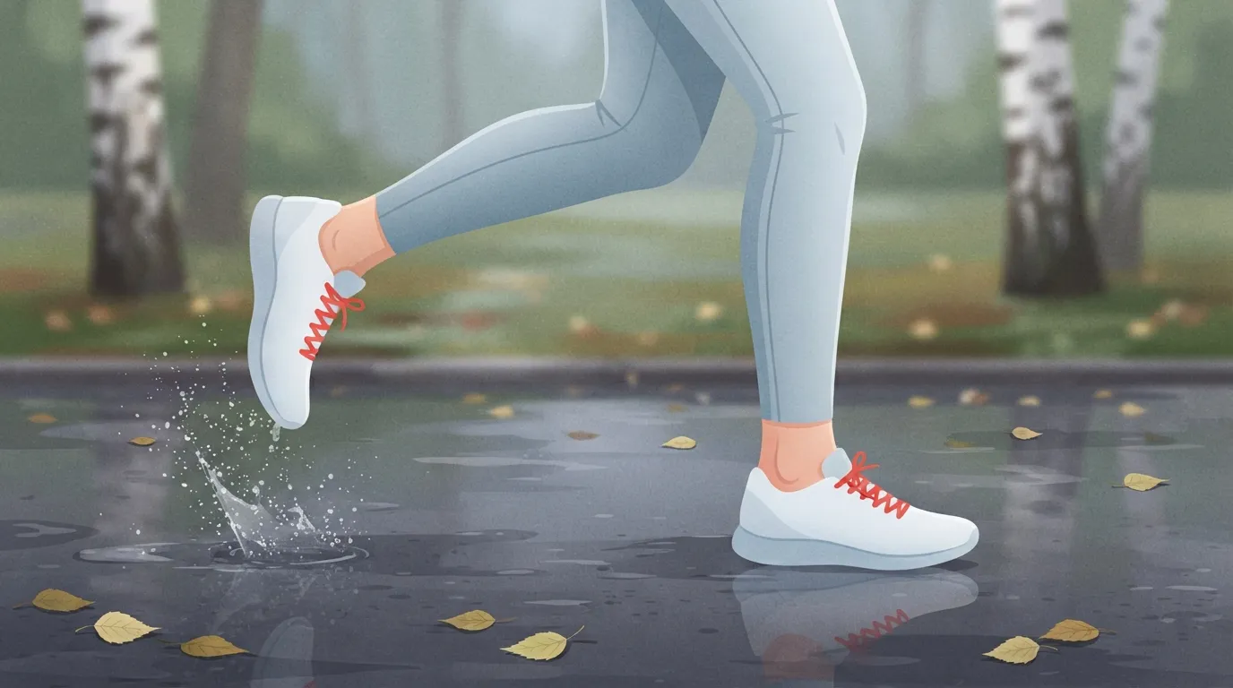 Nahaufnahme der Unterschenkel und weißen Laufschuhe mit roten Schnürsenkeln eines Läufers, der sich von einer nassen Parkstraße abdrückt, Wasser spritzt hinter dem abhebenden Fuß, beim schnelleren Finish eines Steigerungslaufs