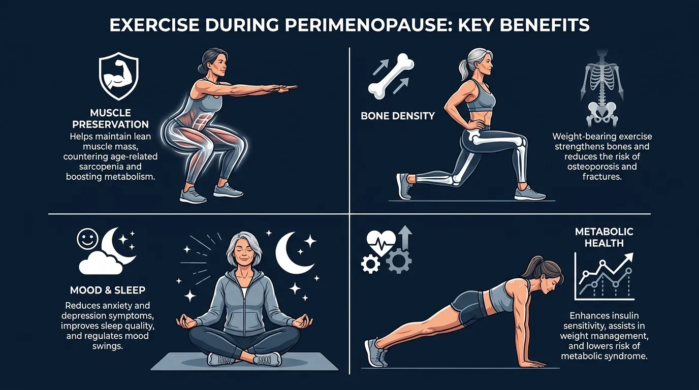 Illustrated infographic showing benefits of exercise during perimenopause including muscle preservation, bone density, and mood improvement