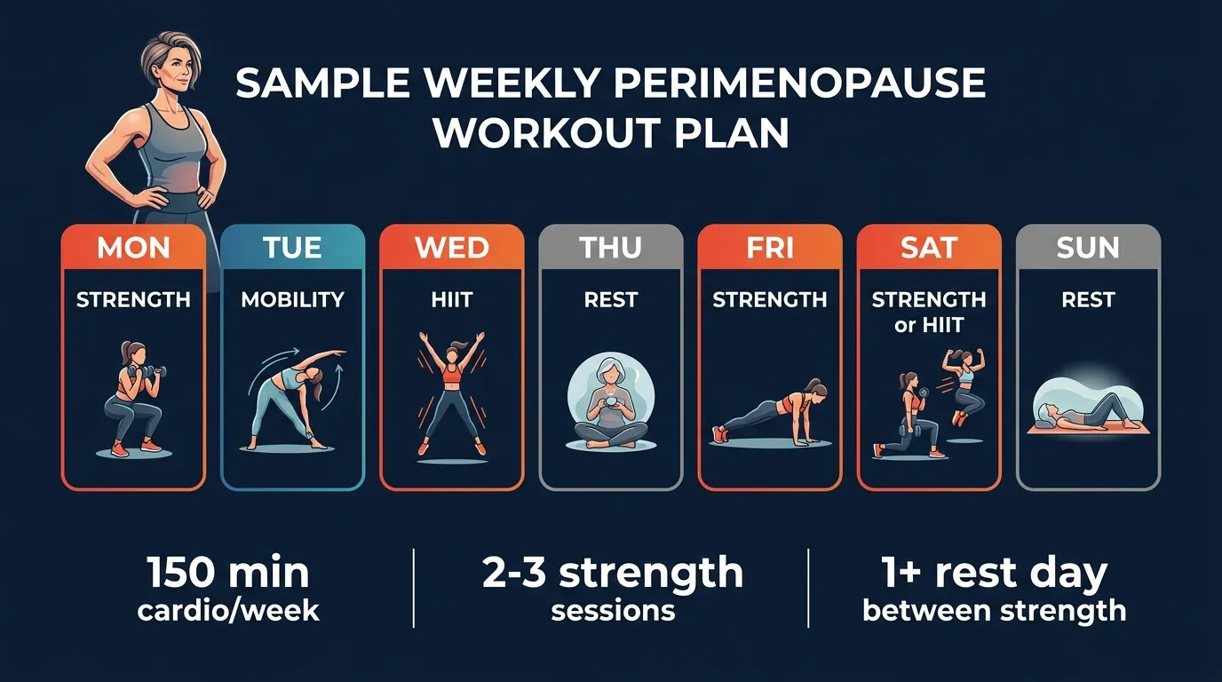 Weekly perimenopause workout schedule showing 3 strength days and 2 HIIT/mobility days — illustrated dark navy editorial style