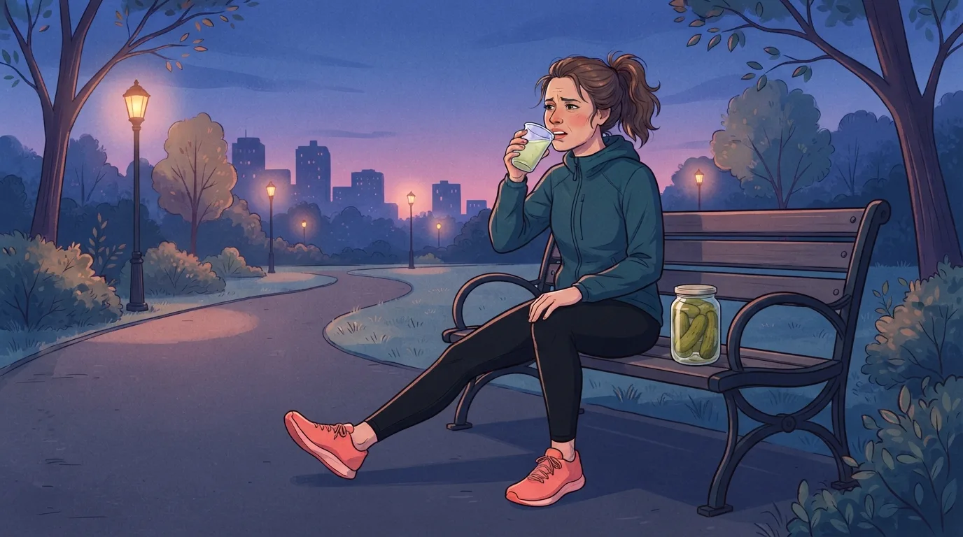 Una corredora sentada en un banco del parque al atardecer con una pierna estirada, haciendo una mueca mientras bebe un vasito de jugo de pepinillos verde pálido para un calambre en la pierna, con un frasco simple de pepinillos al eneldo a su lado