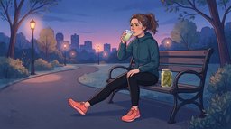 A runner sitting on a park bench at dusk with one leg stretched out, wincing as she sips a small cup of pale green pickle juice for a leg cramp, a plain jar of dill pickles beside her
