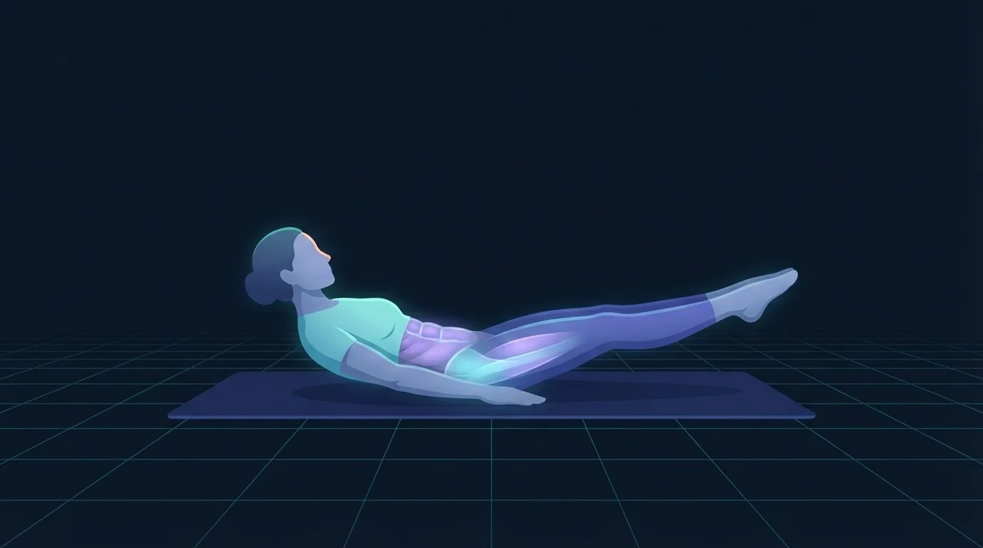 Illustration einer Person auf einer Matte, die das Pilates-Hundert ausführt, Kopf und Schultern angehoben und Beine tief gestreckt, mit hervorgehobener tiefer Bauchmuskulatur und Hüftbeugern