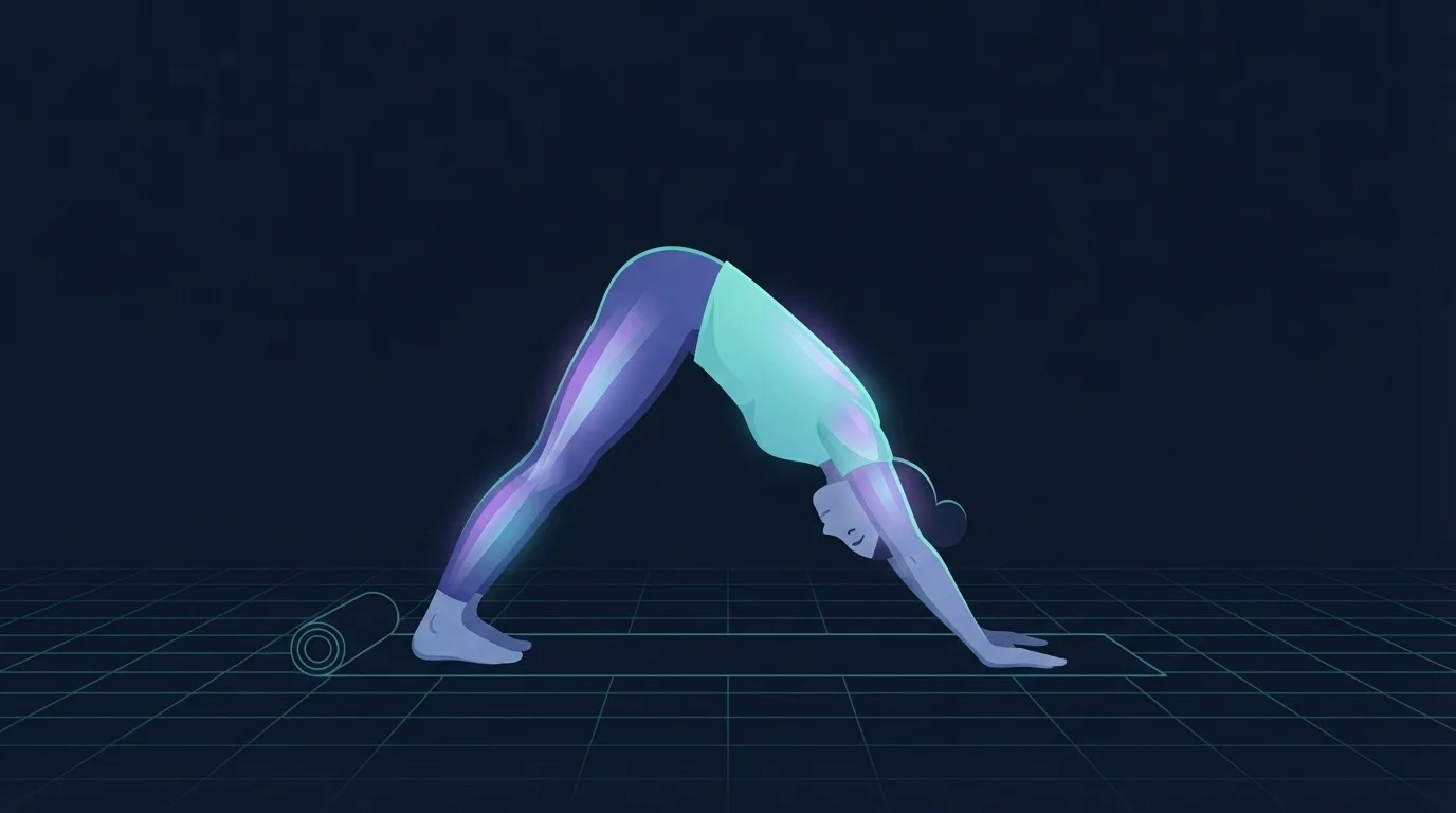 Illustration einer Person, die auf einer Matte eine Position des herabschauenden Hundes hält, mit hervorgehobenen Oberschenkelrückseiten, Waden, Rückenmuskeln und Schultern