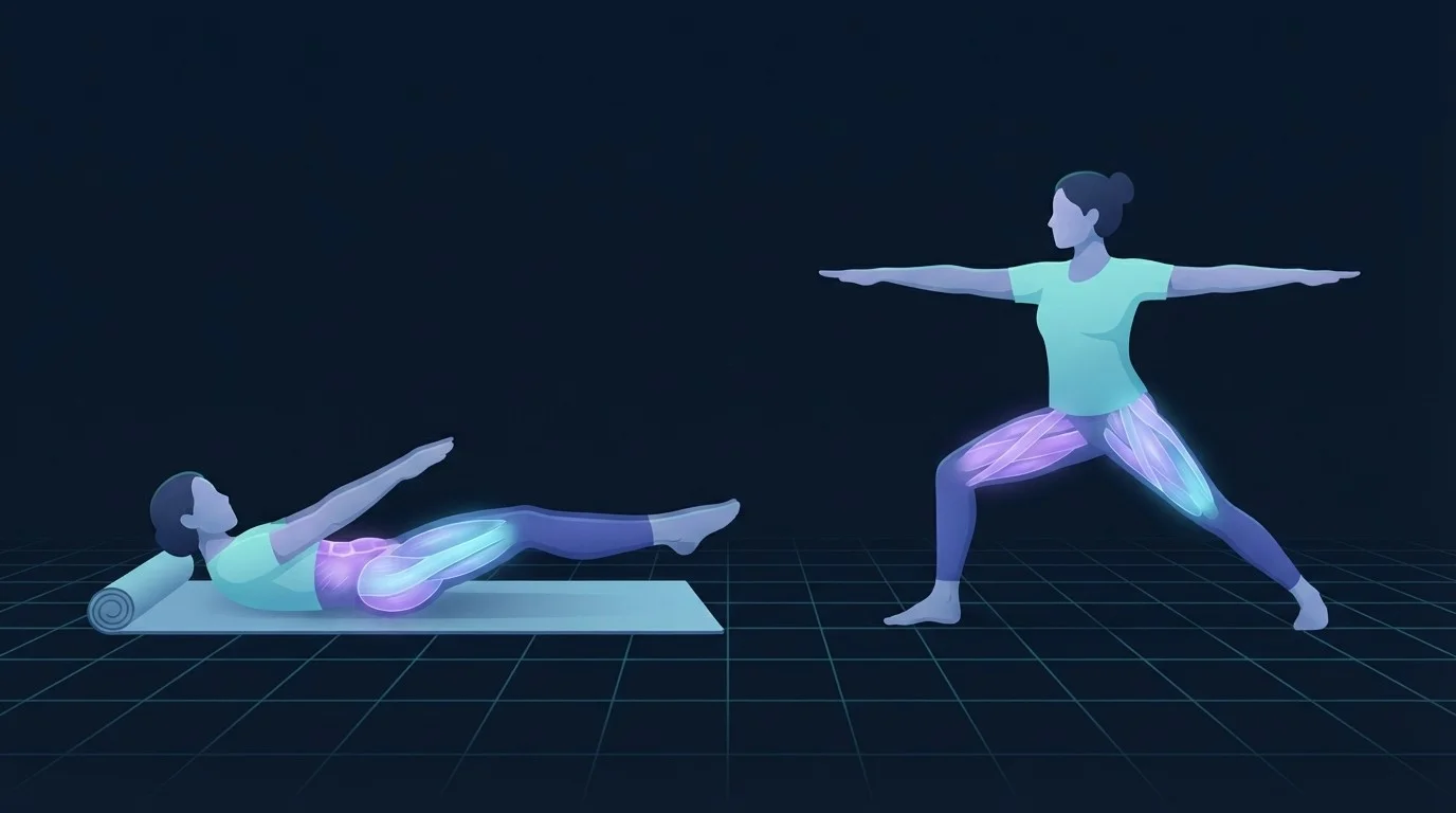 Illustration im Vergleich von Pilates und Yoga: eine Figur rollt sich in einem Pilates-Roll-up von der Matte auf, mit hervorgehobener Bauchmuskulatur, daneben eine stehende Figur in einer Yoga-Kriegerhaltung mit hervorgehobenen Hüften und Beinbeugern