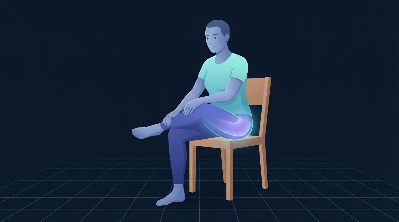 A seated figure with one ankle crossed over the opposite knee leaning forward, the deep buttock and hip rotator region glowing to show where the stretch is felt