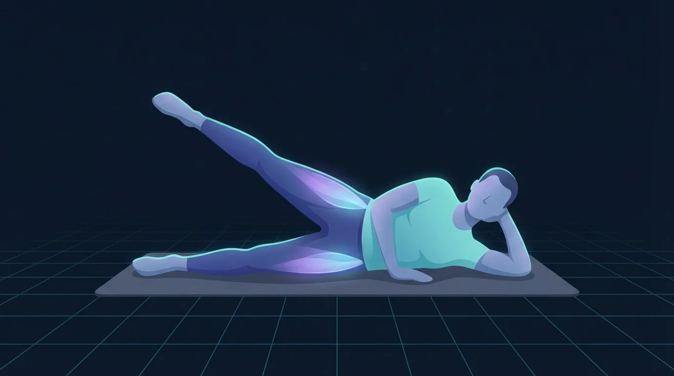 A person lying on their side raising the top leg toward the ceiling with the side of the hip glowing, the strengthening half of the routine