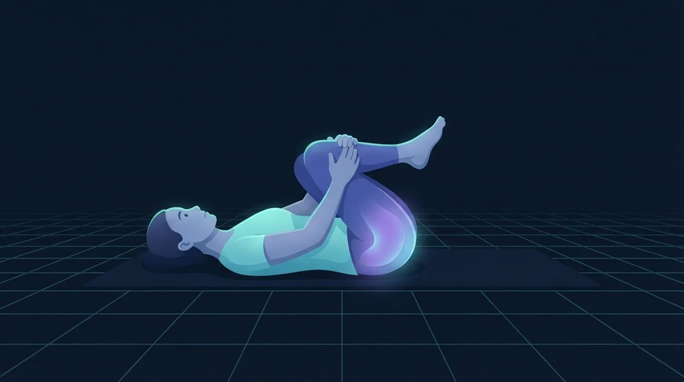 A person lying on their back on a mat pulling one thigh toward the chest with the other ankle crossed over it, the deep hip rotators glowing