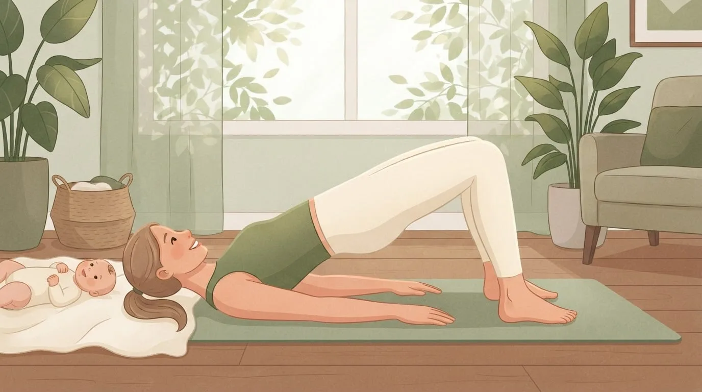 Eine Frau macht auf einer salbeigrünen Übungsmatte in einem pflanzenreichen Wohnzimmer eine Glute Bridge mit angehobener Hüfte und flach aufgesetzten Füßen, während ihr Baby auf einer cremefarbenen Decke neben ihrem Kopf liegt, eine frühe Übung nach der Geburt zu Hause