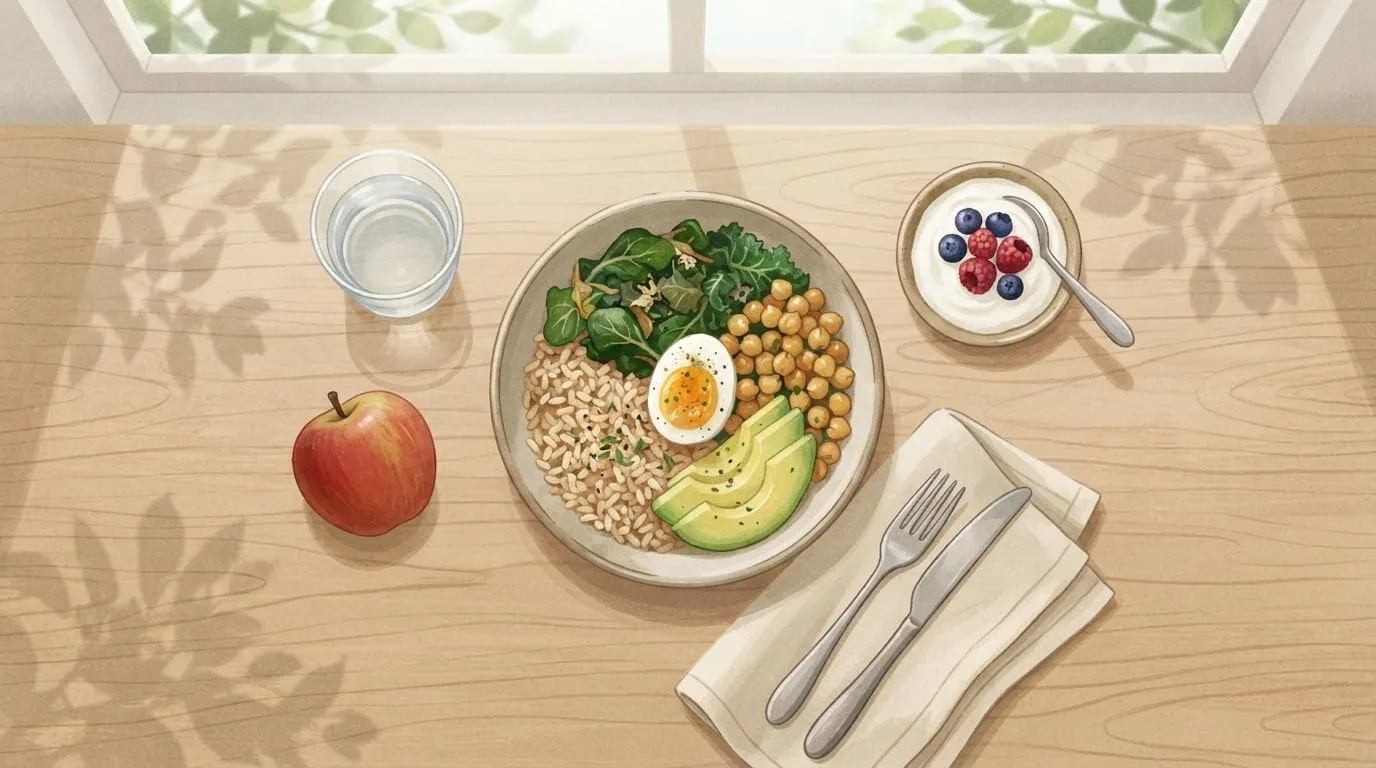Blick von oben auf ein einfaches Mittagessen auf einem Holztisch: eine Schale Naturreis, Blattgemüse, Kichererbsen, Avocado und ein gekochtes Ei, dazu Joghurt mit Beeren, ein Apfel und ein Glas Wasser, eine Ernährung nach der Geburt zum Abnehmen